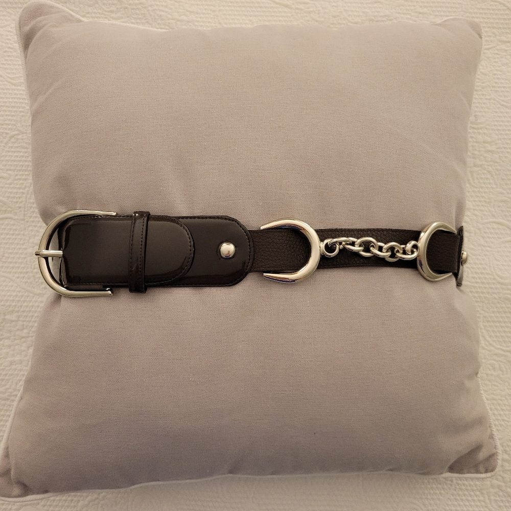 New! Sandy Duftler Designs chocolate brown patent leather silver hardware belt